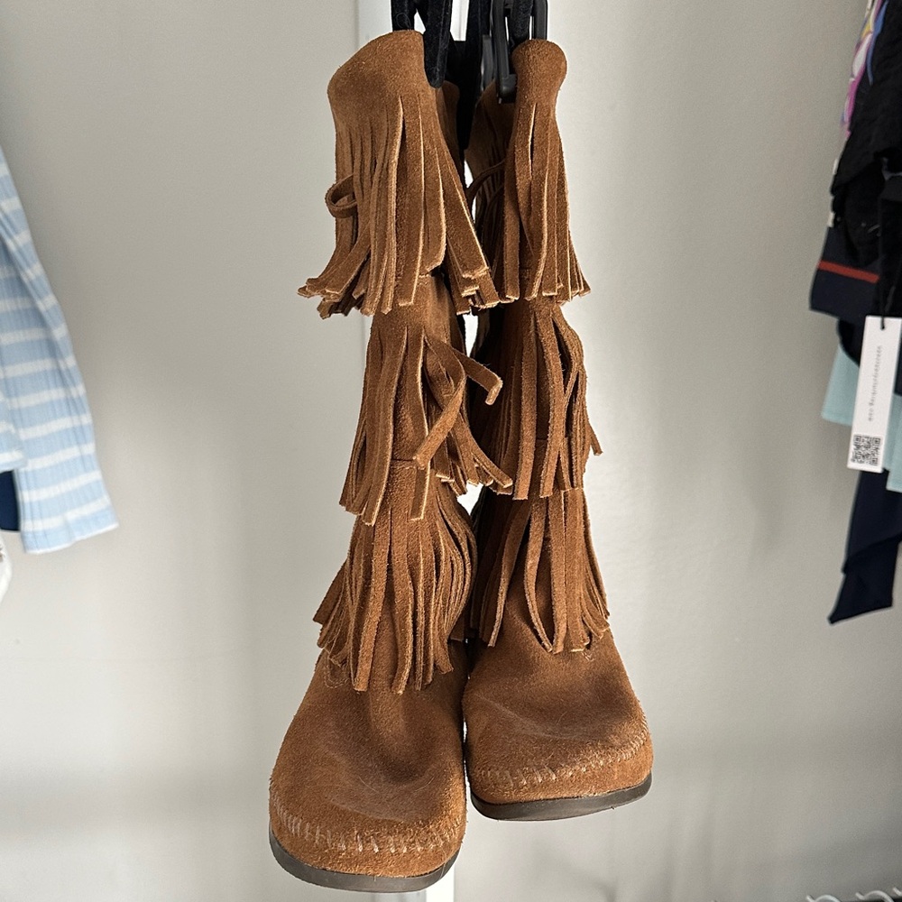 MINNETONKA Fringe Suede Moccasin Boots - Tan